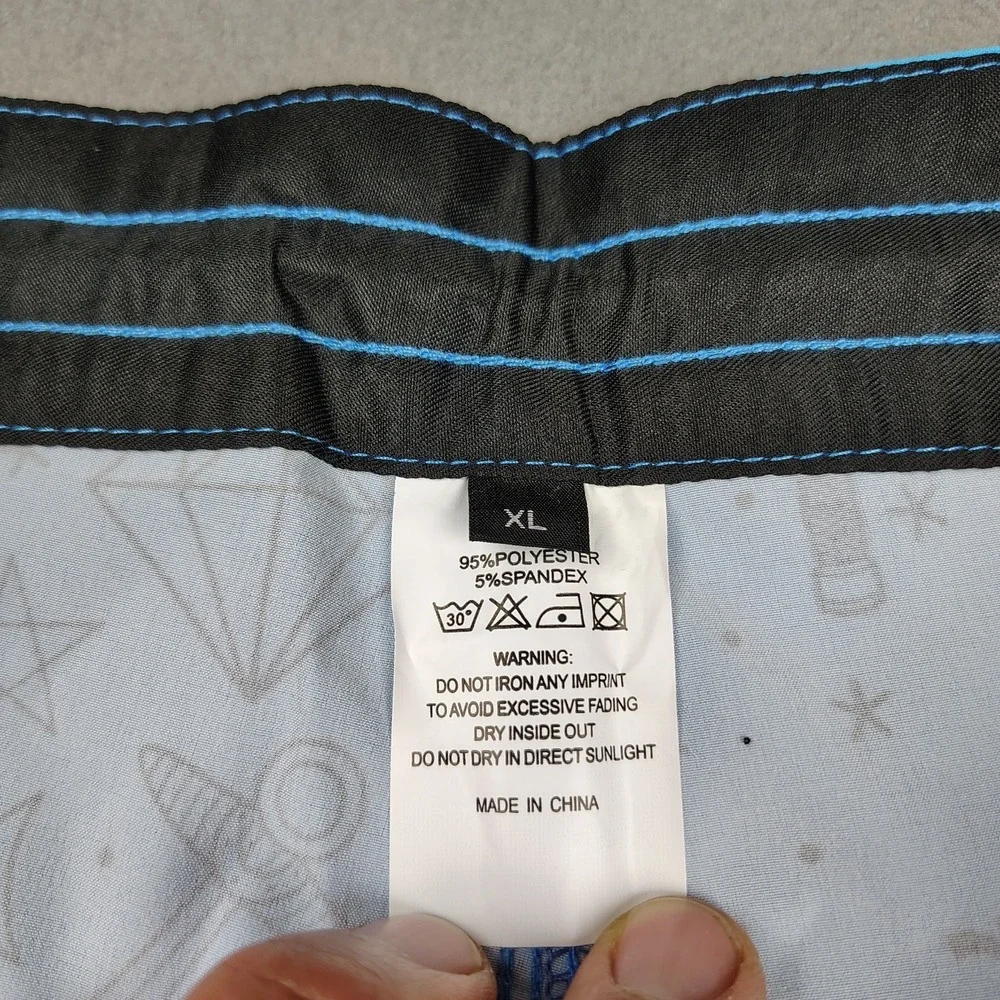 NEW Board Shorts Surf Swim Trunks Men XL Blue Tattoo‎ Biker Pockets Fast Drying